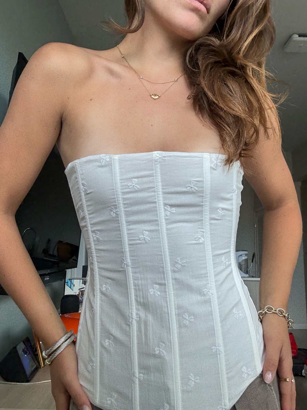 Miaou White Strapless Embroidered Corset Top